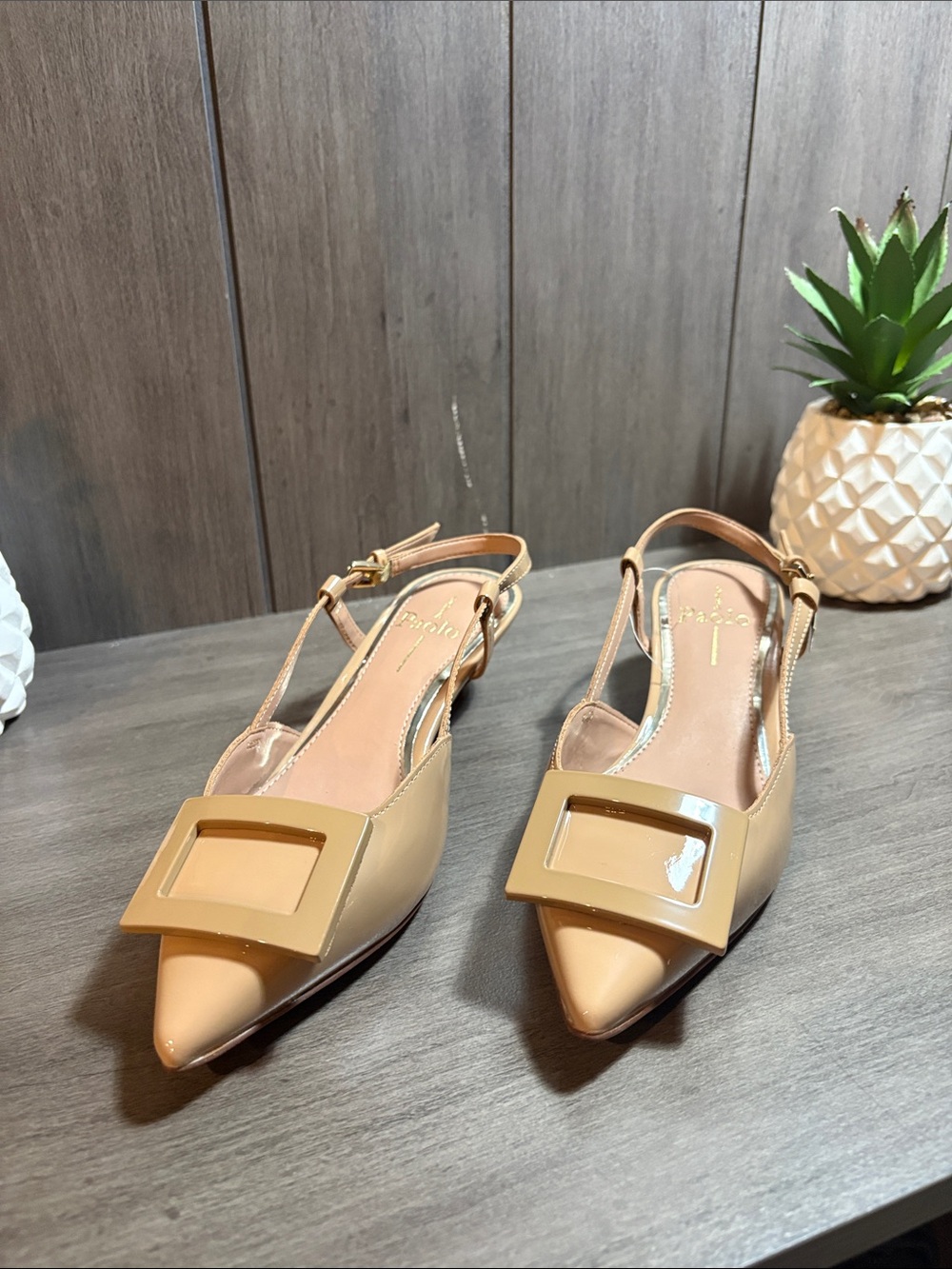 Paolo Nude Patent Pointed-Toe Slingback Flats with Square Buckle